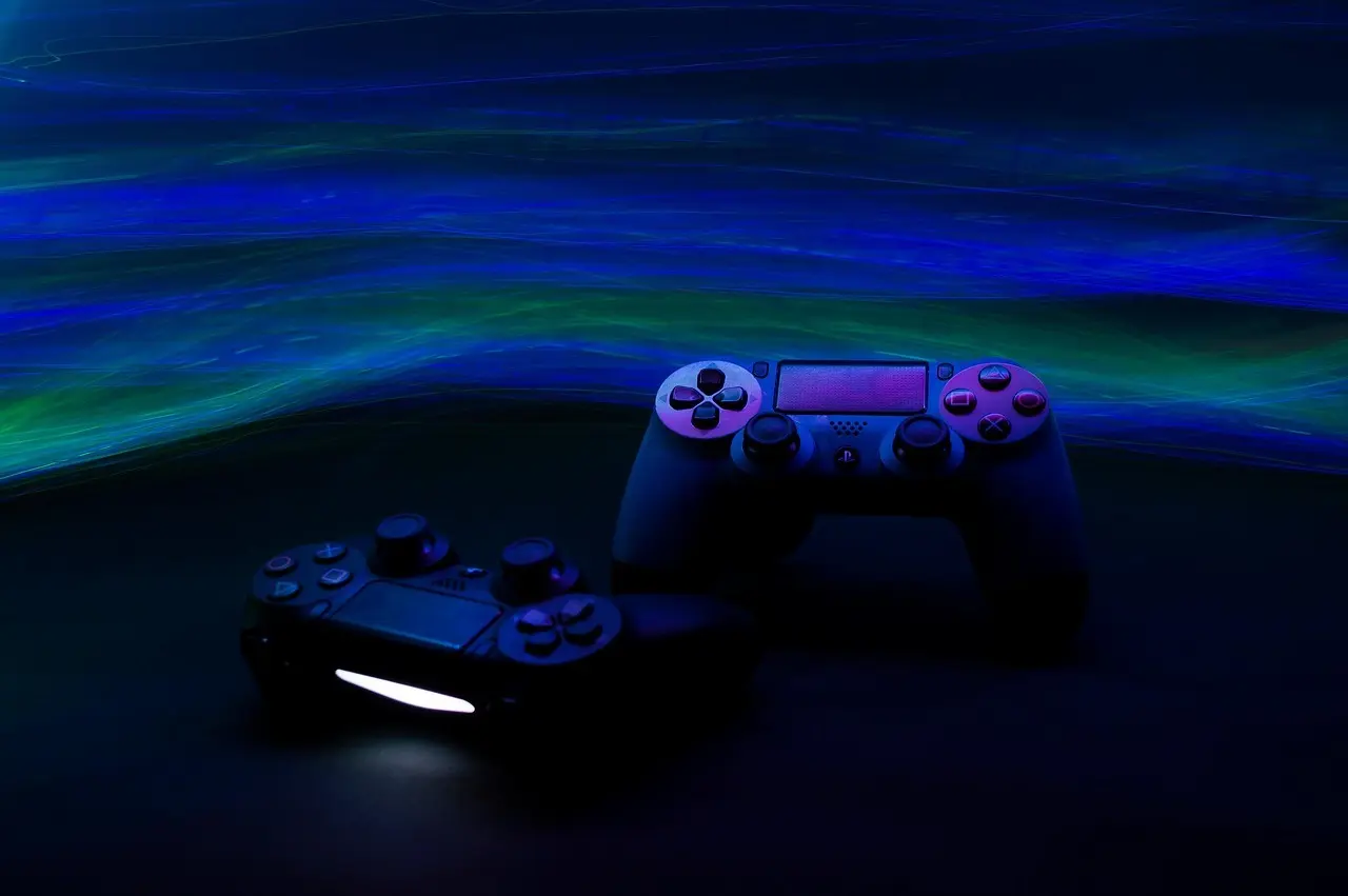 To controllere i neonlys som symbol på moderne konkurrencespil